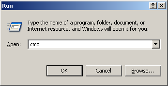Screenshot of the Run window with cmd typed in the Open box.