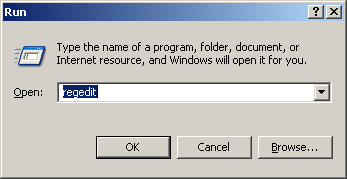 Screenshot of the Run window with regedit typed in the Open box.