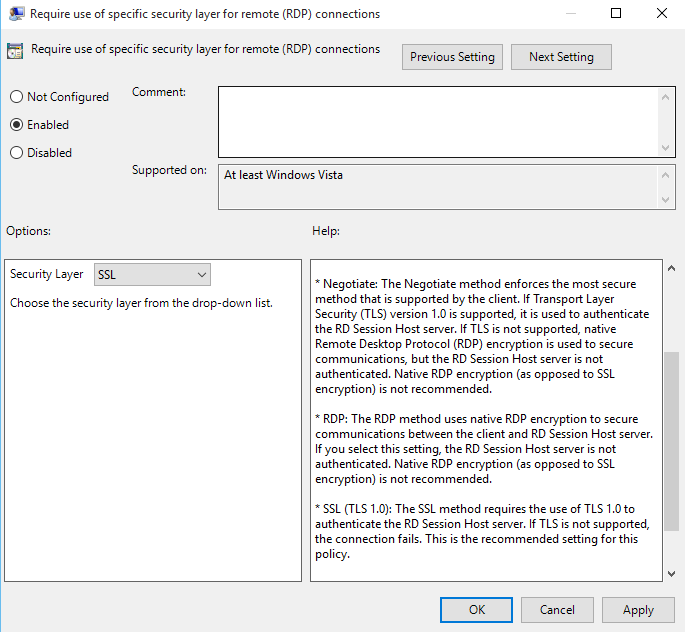 The Security Layer settings in the Require use of specific security layer for remote (RDP) connections dialog box.
