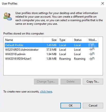 Screenshot of the User Profiles windows with Default Profile selected.