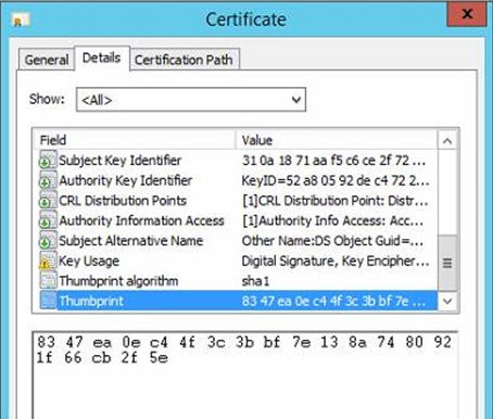 An example of the certificate thumbprint in the Certificate properties.