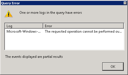Screenshot of the Query Error window which shows One or more logs in the query have errors.