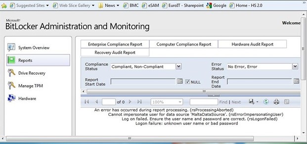 Error message that is shown in BitLocker Administration and Monitoring.