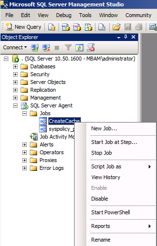 Screenshot of the Microsoft SQL Server Management Studio window, in which CreateCache is selected under the Jobs folder.