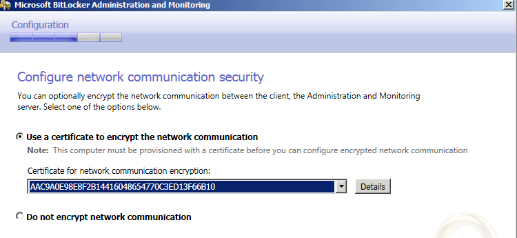 Screenshot of the Microsoft BitLocker Administration and Monitoring window, which shows the thumbprint in the Configure network communication security wizard.