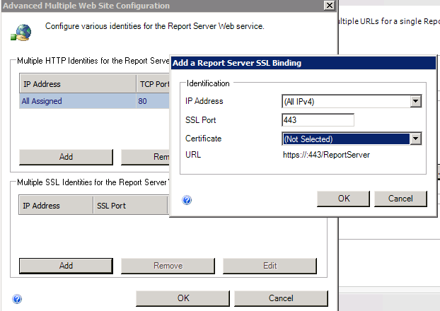 Screenshot of the Advanced Multiple Web Site Configuration window, and the Add a Report Server SSL Binding window.