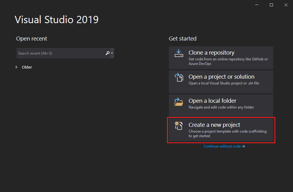 Screenshot shows the Visual Studio 2019 start window with Create a new project selected.