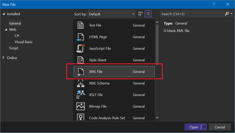 Screenshot of the 'New File' dialog box with the 'XML File' option selected.