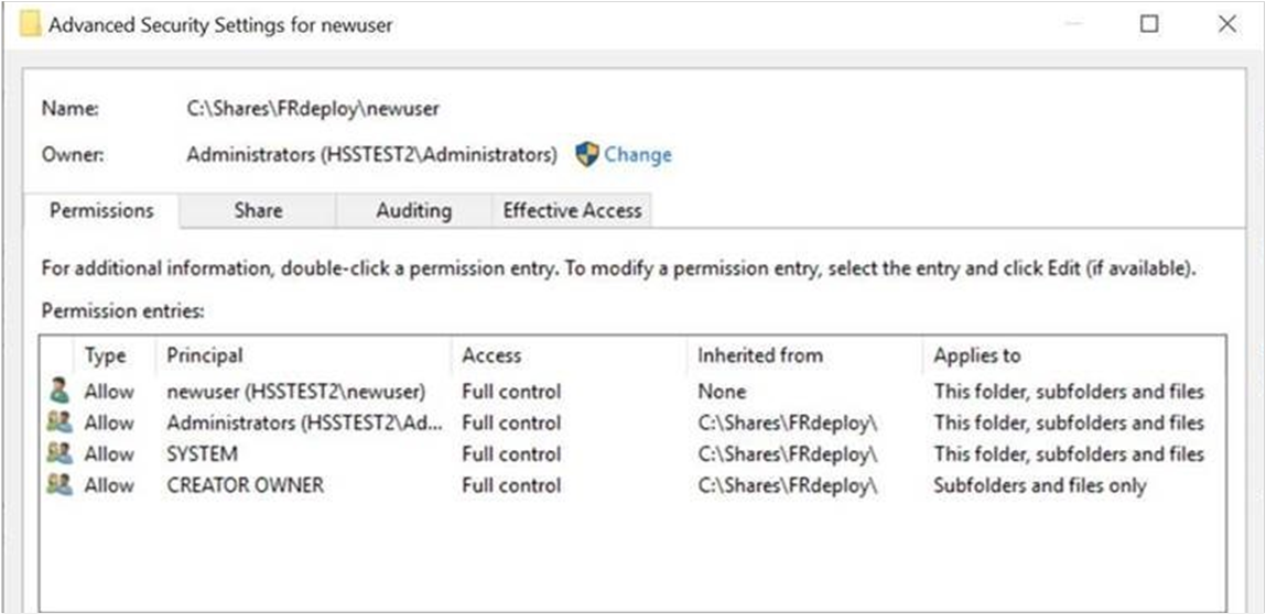 Screenshot of setting the permissions for a new user’s folder under the root of the Folder Redirection share.