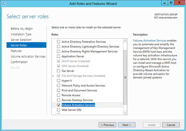 Adding the Volume Activation Services role in Server Manager.
