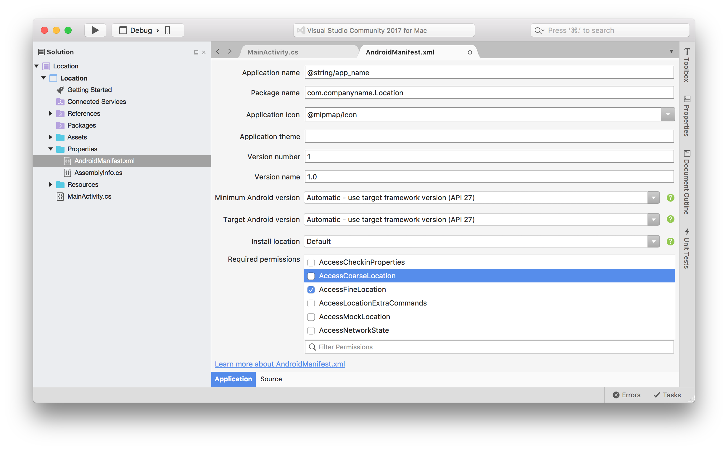 Android Manifest. Fuse location.