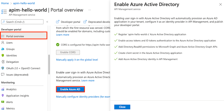 Screenshot of enabling Microsoft Entra ID in the developer portal overview page.