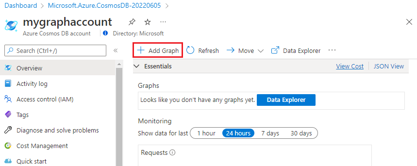 Screenshot showing the Add Graph on the Azure Cosmos DB account page.