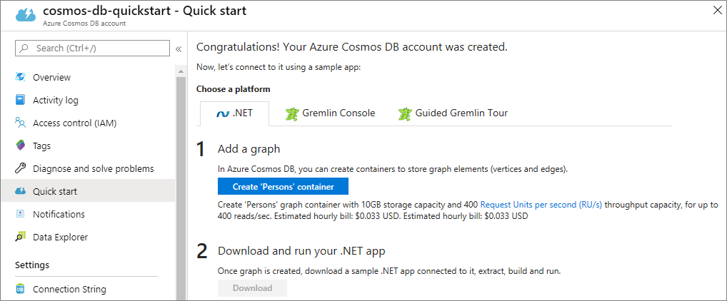 Screenshot showing the Azure Cosmos DB Quick start page.