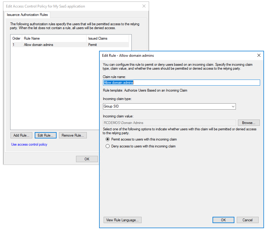 Screenshot shows the Edit Rule dialog box for the Allow domain admins Claim rule.