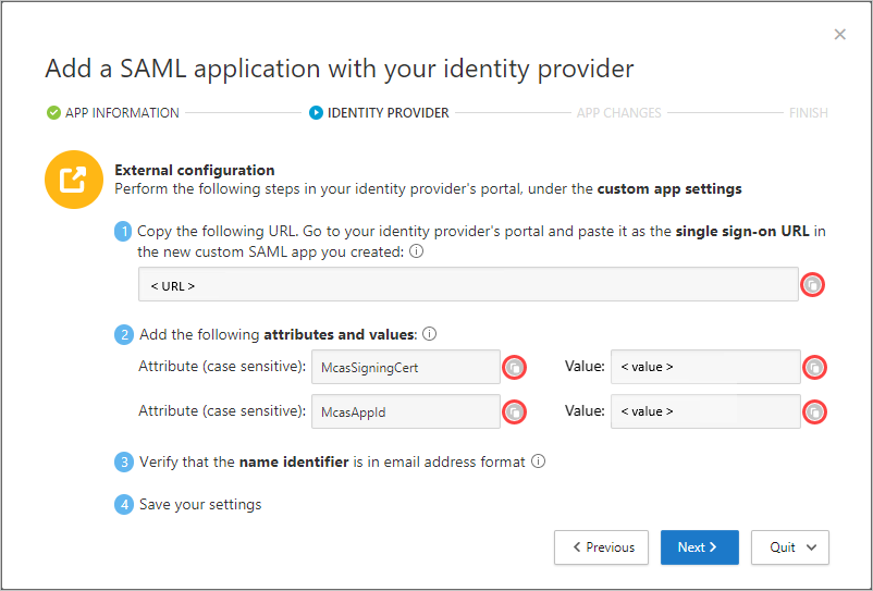 Screenshot showing the Identity provider area of the Add a SAML application with your identity provider dialog, with sample details entered.