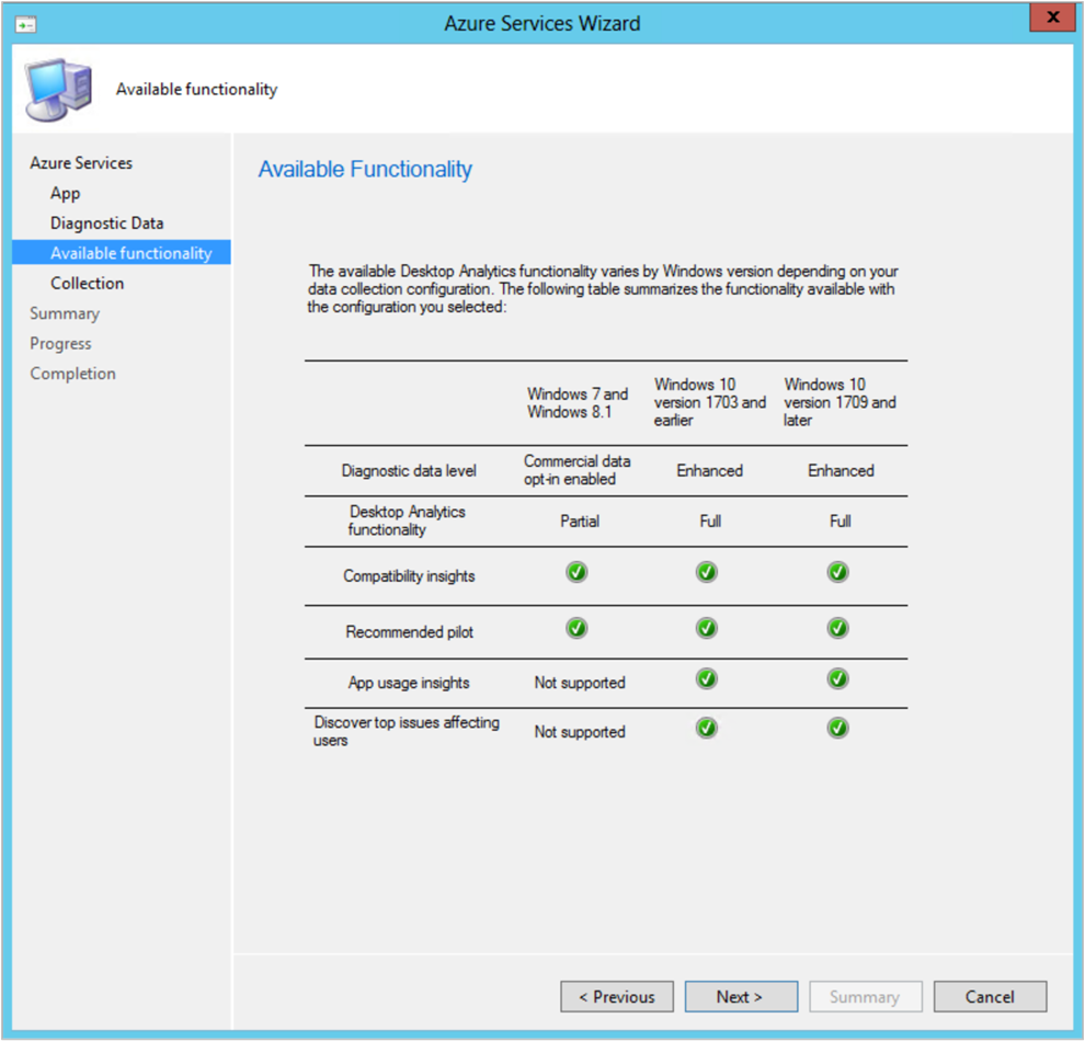 Example Available Functionality page in the Azure Services Wizard.