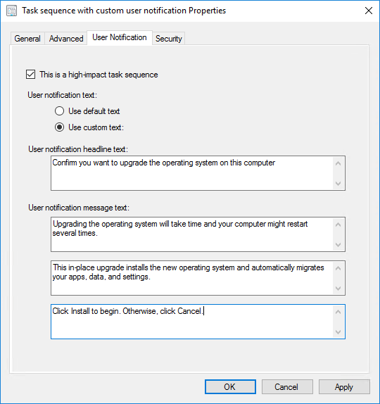 Customized User Notification tab of task sequence properties.