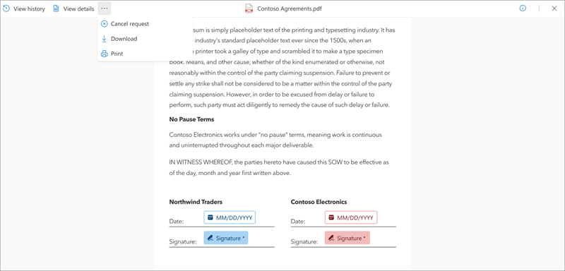 Screenshot of a document showing the Cancel signature request option.