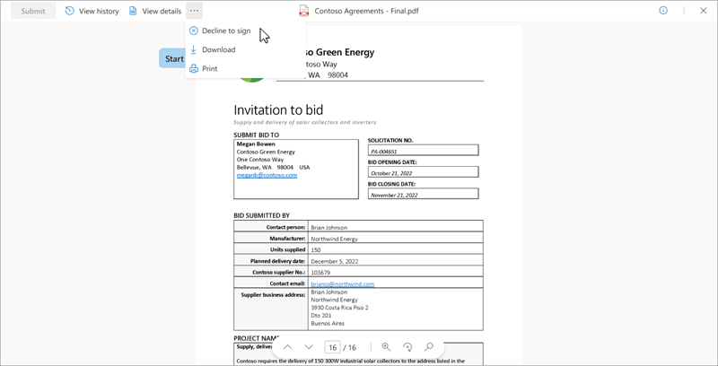 Screenshot of the document viewer showing the Decline to sign button.