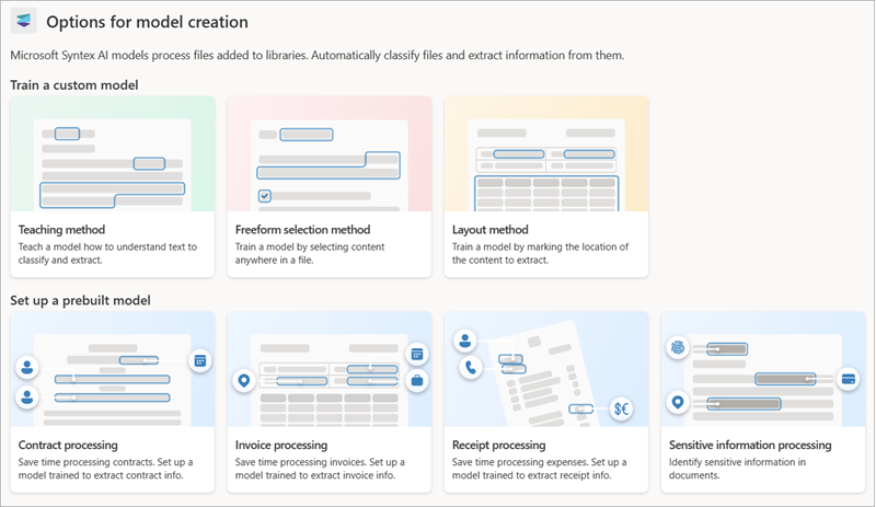 Screenshot of the Options for model creation page showing the custom models and prebuilt models.