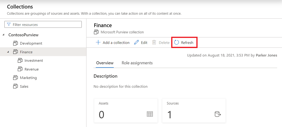 Screenshot of Microsoft Purview governance portal collection window, with the refresh button under the collection window highlighted.