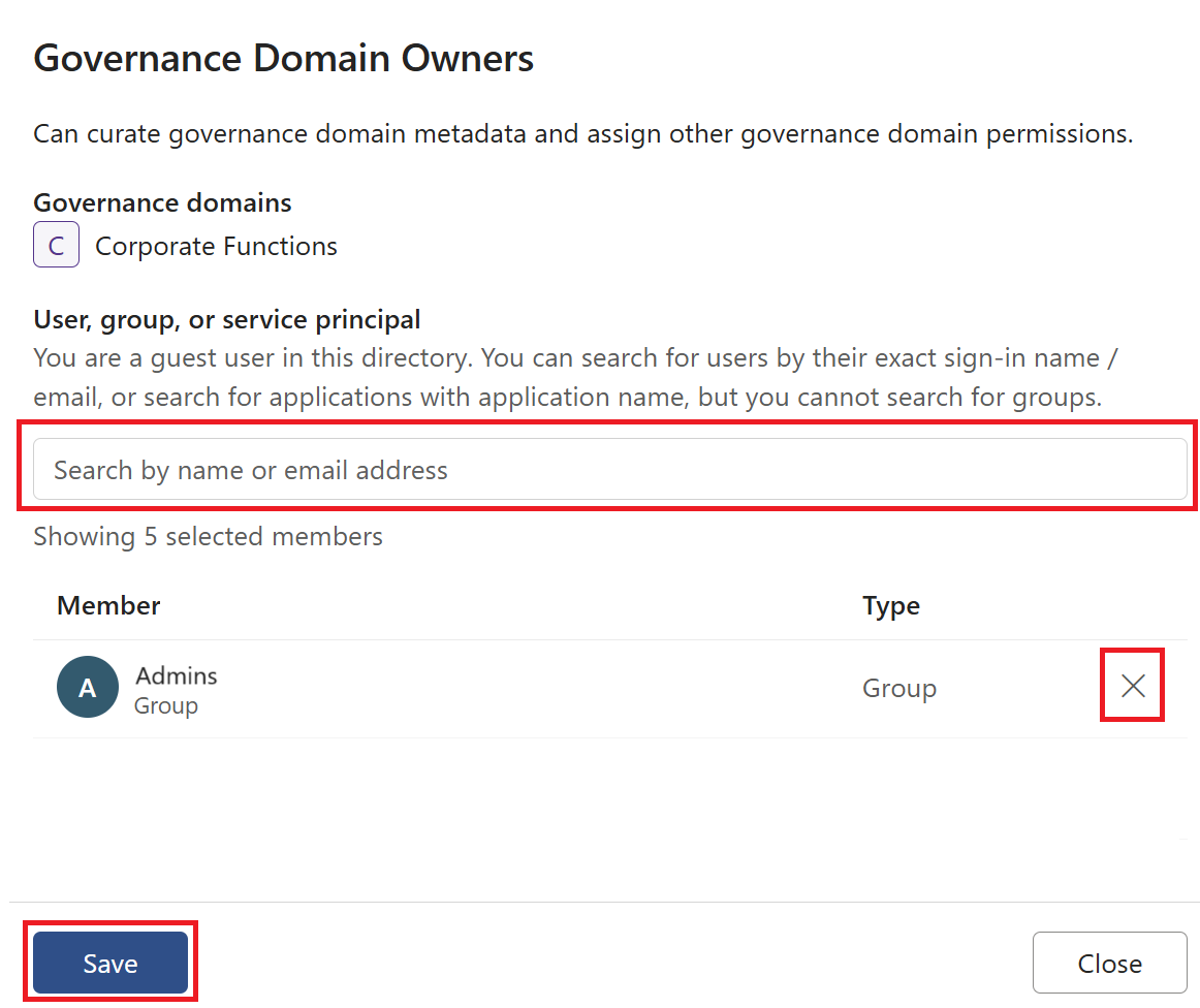 Screenshot of the business domains roles edit page with the search, x, and save buttons highlighted.