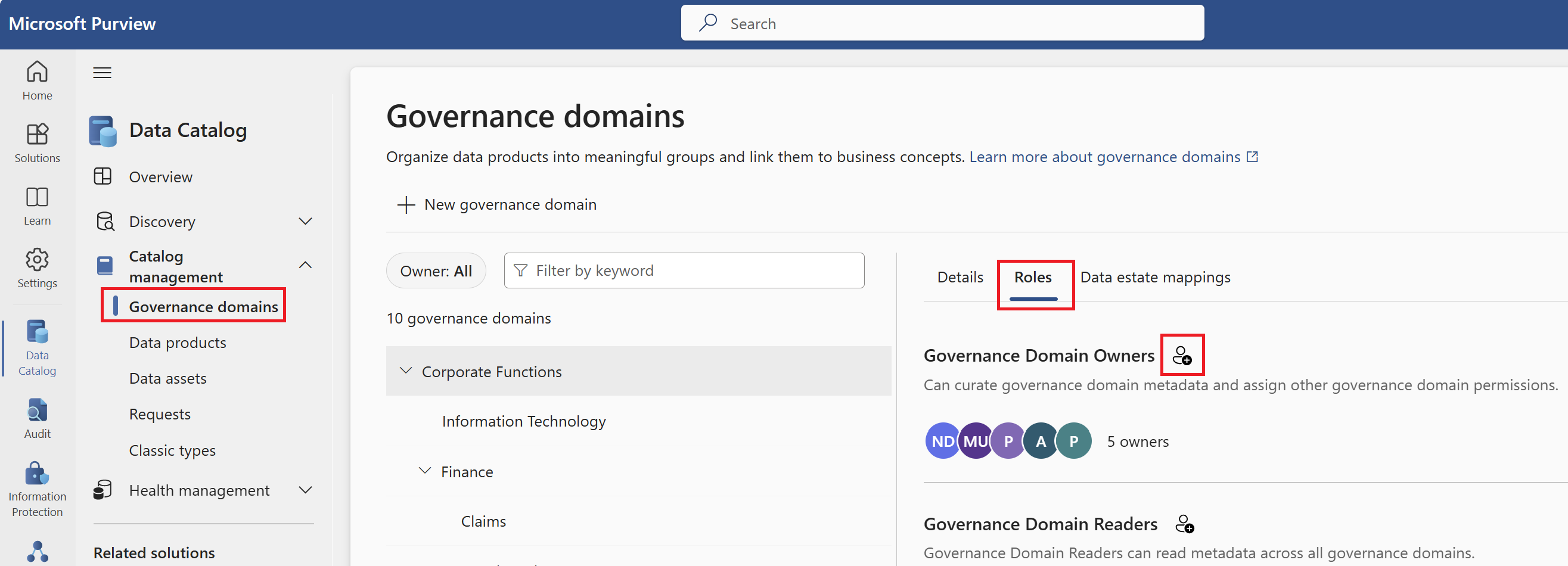 Screenshot of the business domains roles page with the edit button highlighted.