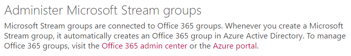 Groups admin center external links in Stream (Classic) admin.