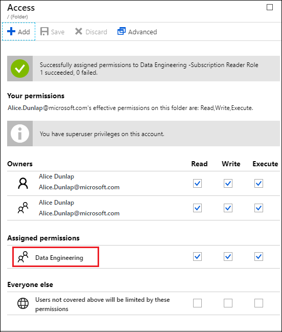 Assign permissions to group Screenshot of the Access blade with the Data Engineering option called out.