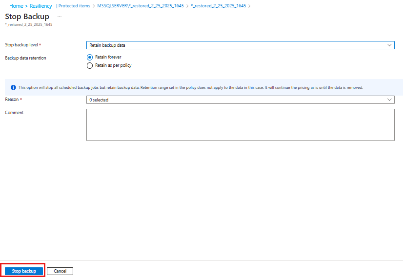 Screenshot shows the options to retain or delete data on the Stop Backup pane.