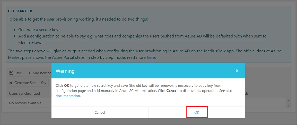 Screenshot of the MediusFlow admin console with a notification telling users to select Ok to generate a new secret key. The Ok button is highlighted.