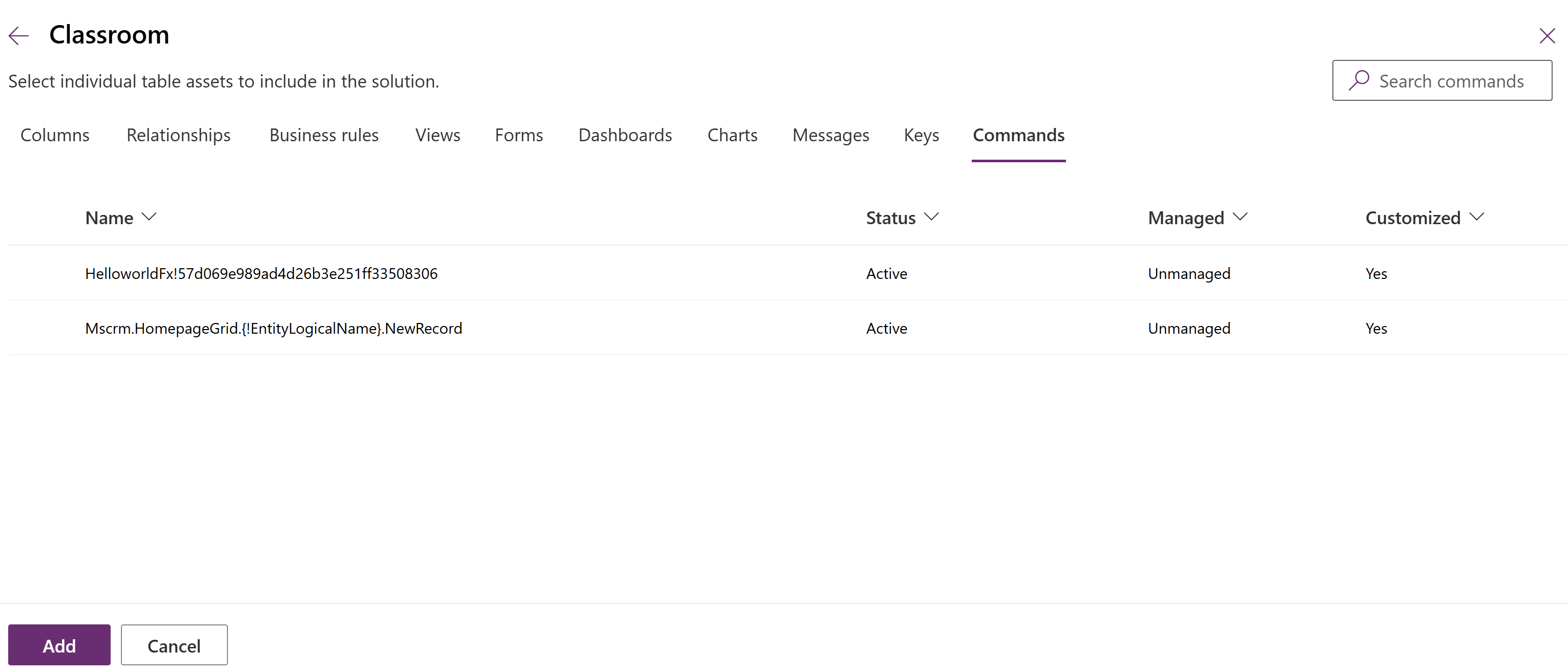 Add a command table component to a solution