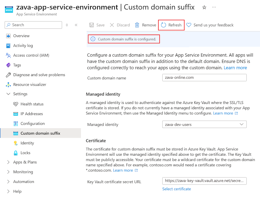 Screenshot of the Azure portal page banner showing a successful change to the custom domain suffix.