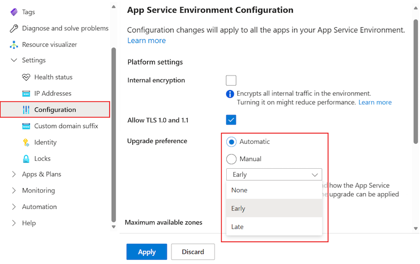 Screenshot that shows how to configure the upgrade preference for the App Service Environment in the Azure portal.