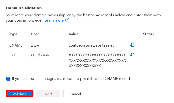 A screenshot that shows how to validate your DNS record settings in the Add a custom domain dialog.