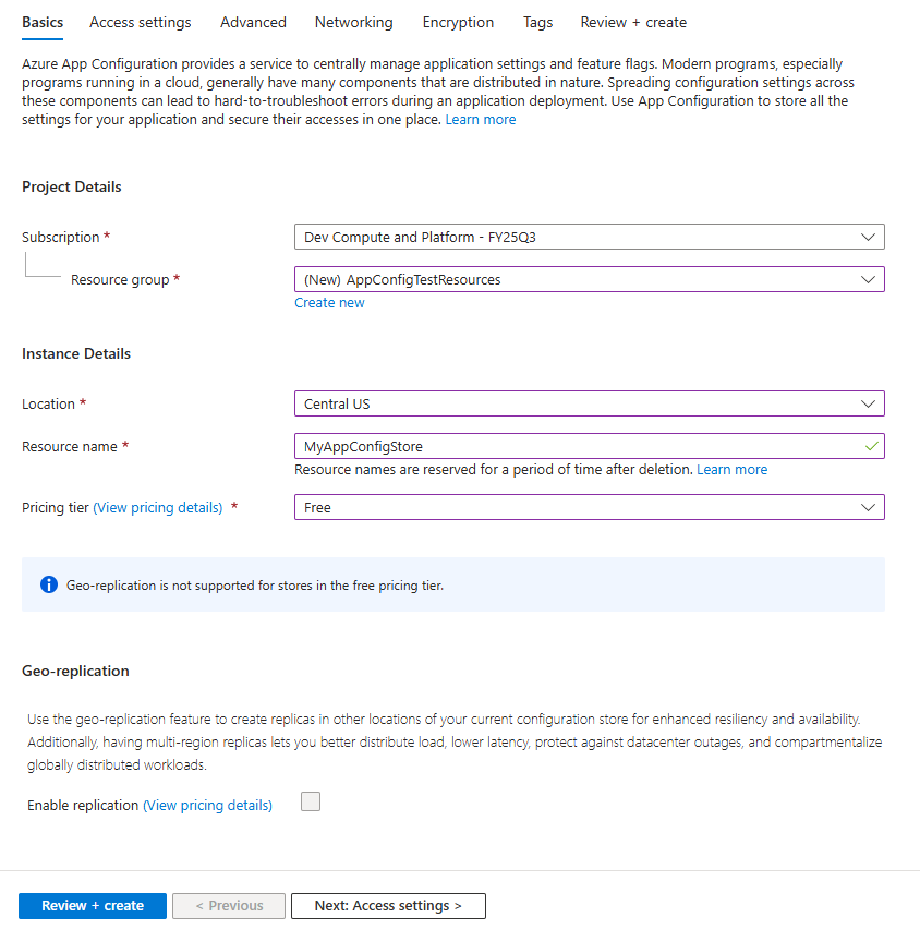 Screenshot of the Azure portal that shows the basic tab of the creation for with the free tier selected.