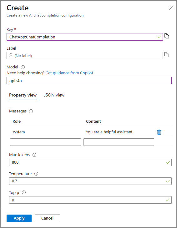 Screenshot shows the create new AI configuration form.
