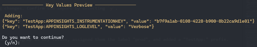 Screenshot of the CLI. Import from AKS confirmation prompt.
