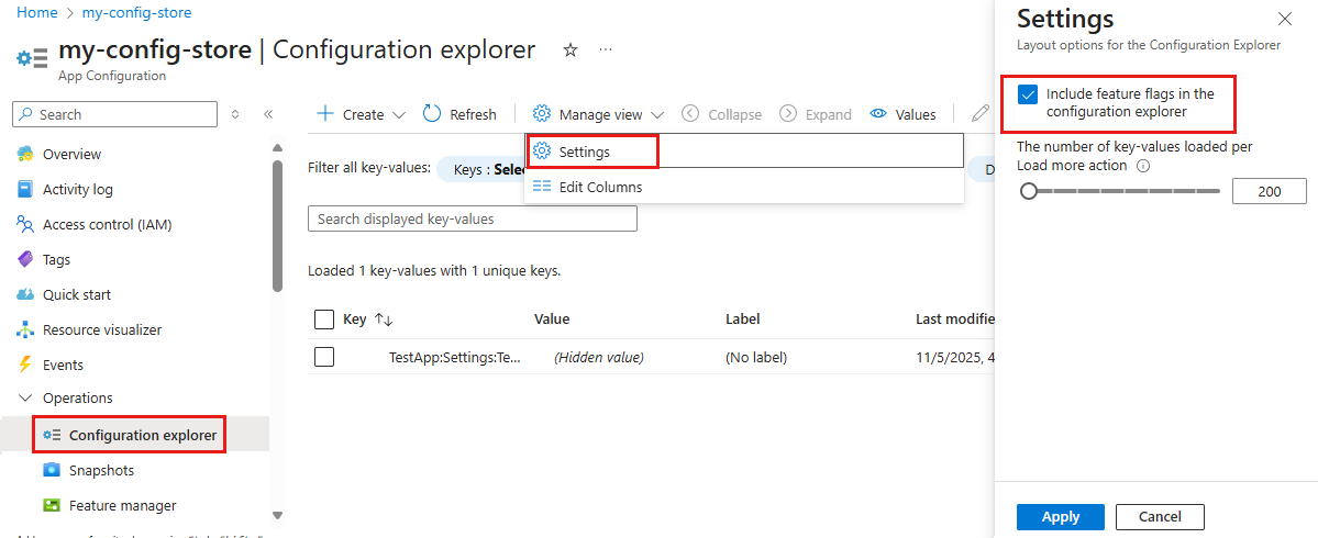 Screenshot of the Azure platform. Include feature flags in Configuration explorer.
