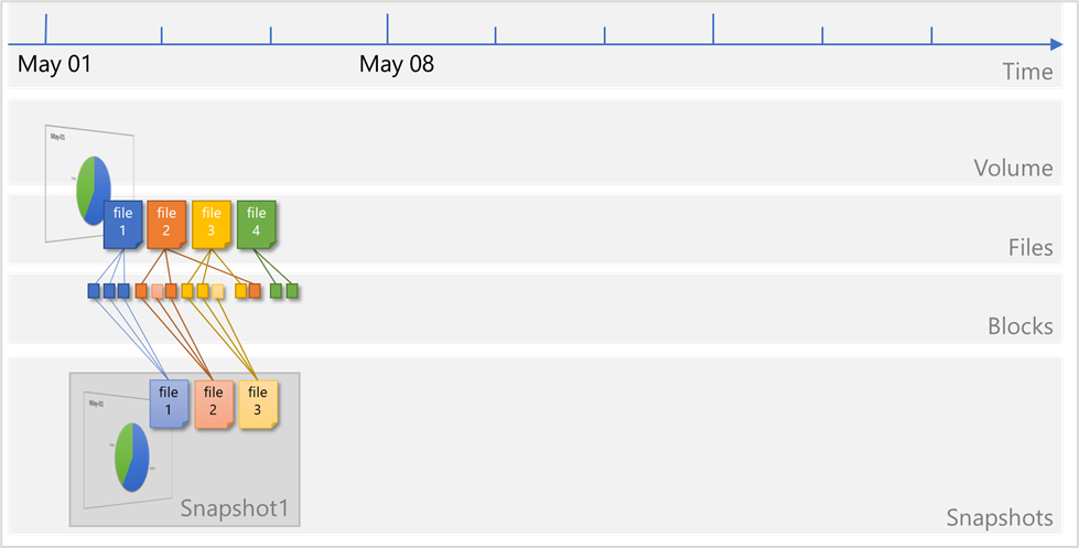 Changes to file2 and file3 are written to new data blocks, and a new file file4 is created. Blocks that were previously captured in Snapshot1 remain unchanged.