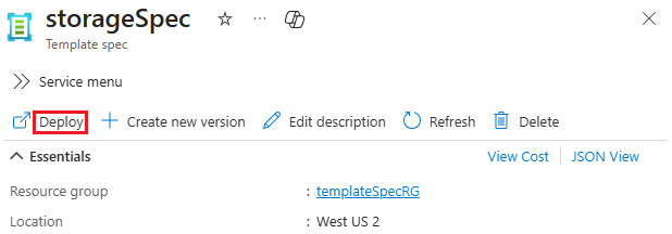 Screenshot of the **Deploy** button in the selected template spec.
