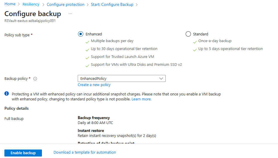 Screenshot that shows options and details for a backup policy.