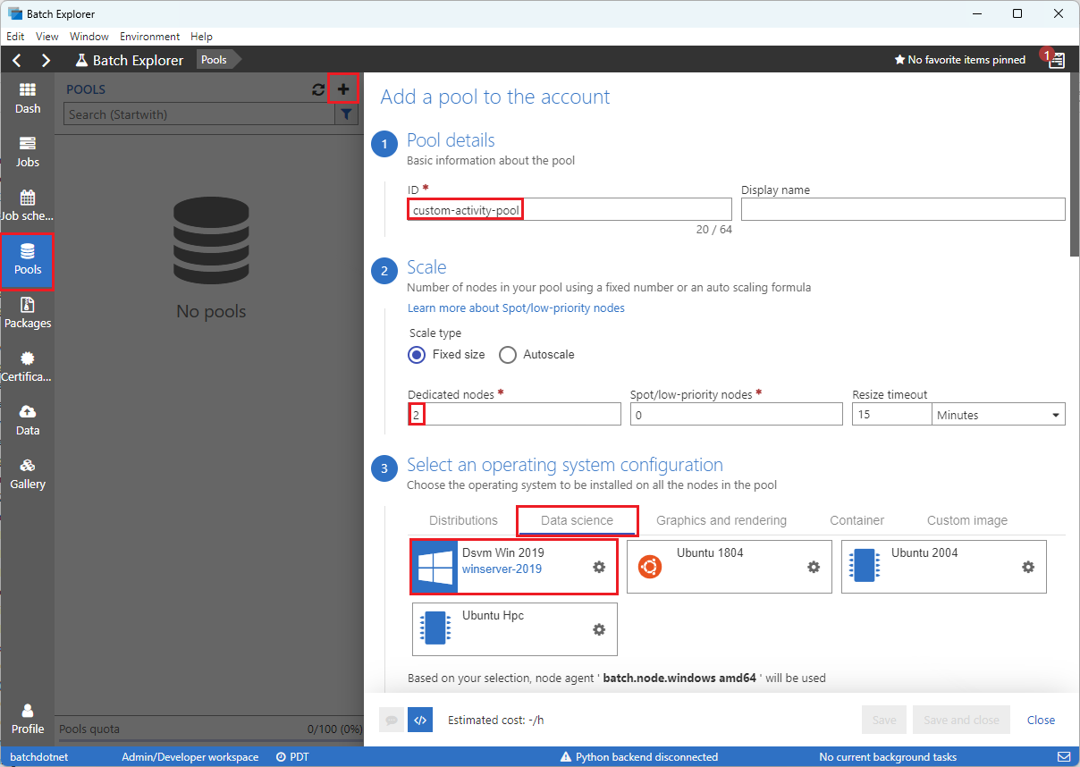 Screenshot of creating a pool in Batch Explorer.