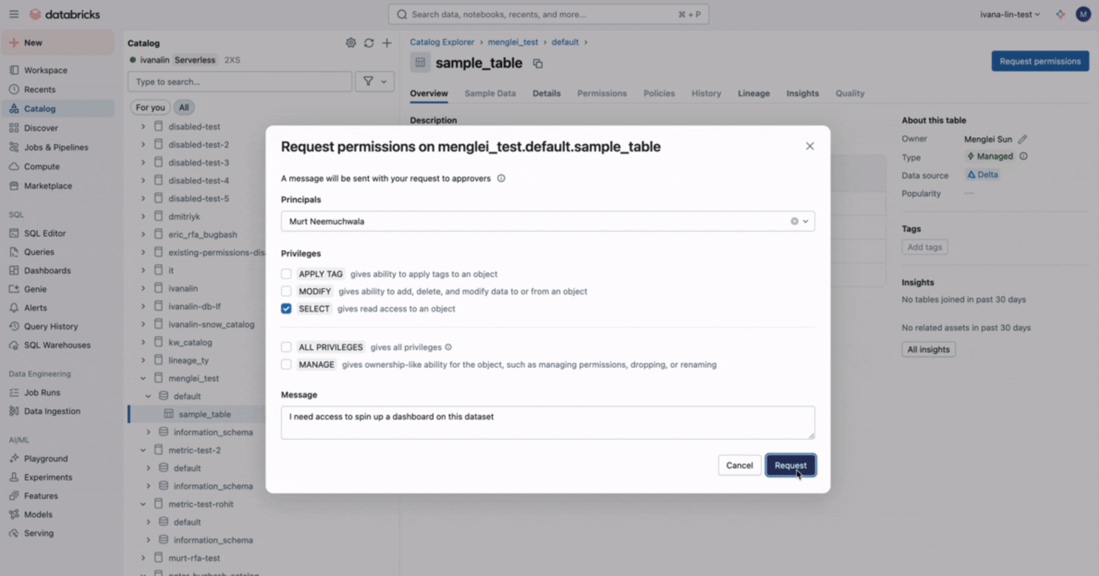 Catalog Explorer object page with a Request access affordance.