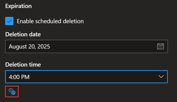 Screenshot showing the Add an environment pane. The time zones button is highlighted.