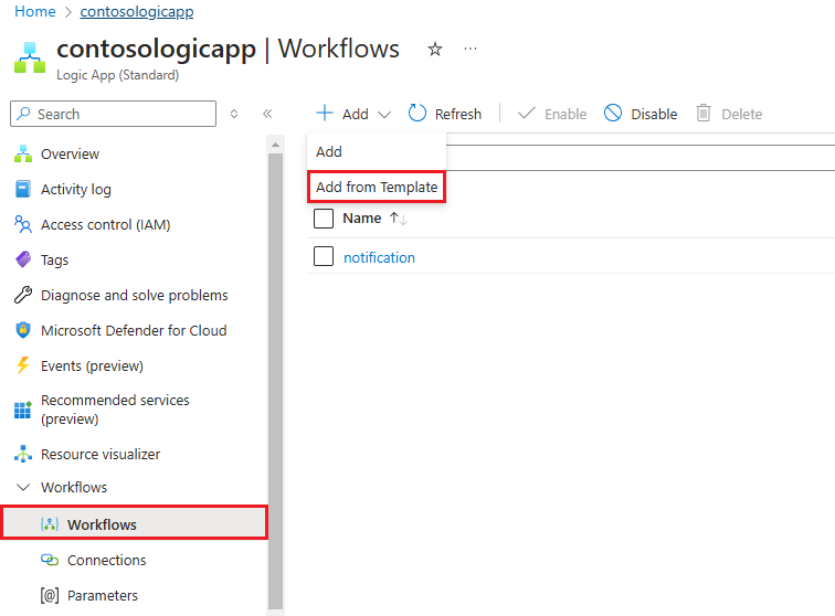 Screenshot showing Add from template on the Workflows page.