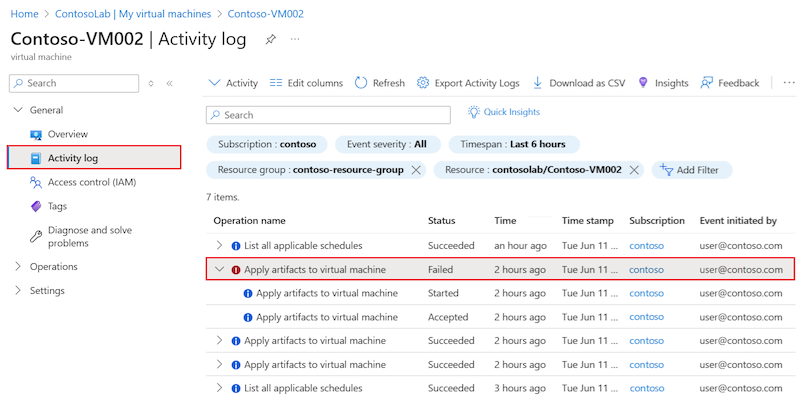 Screenshot that shows how to locate the Activity log entry for a failed artifact on a lab VM.