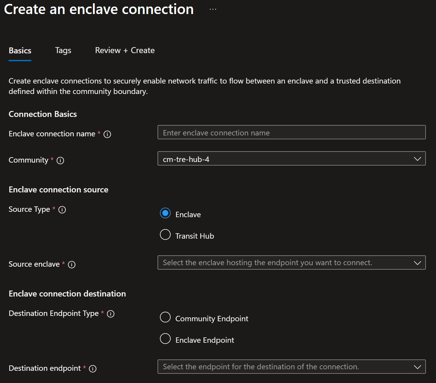 Screenshot showing the enclave connection page with an enclave source selected.