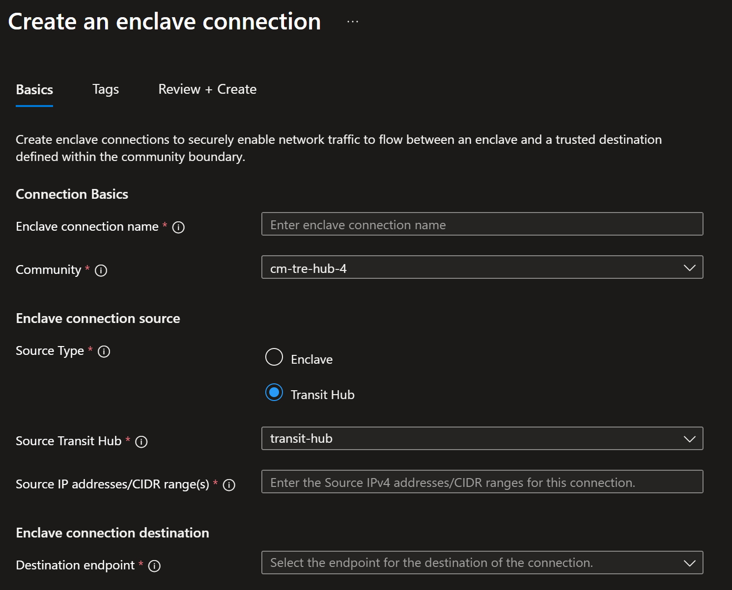 Screenshot showing the enclave connection page with a transit hub source selected.